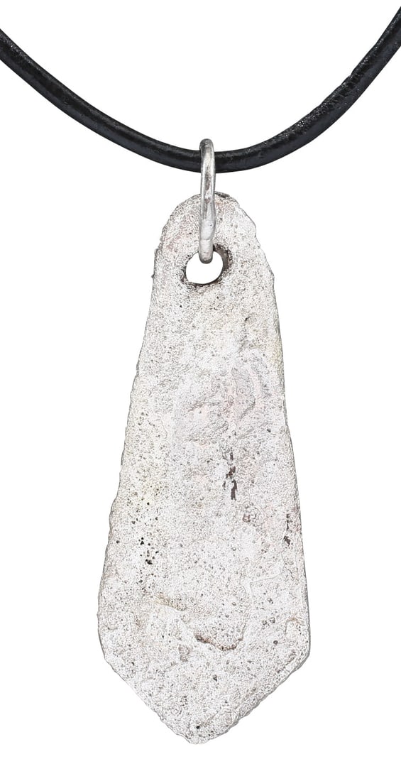 VIKING SORCERER'S AMULET NECKLACE, 10TH-11TH C. AD: Silvered bronze, 2 1/8" height plus the original suspension loop., Bronze shaped like a duck's foot with broad thickened edges, and five medial nodules representing the scaly leg. A burial at Viden, D