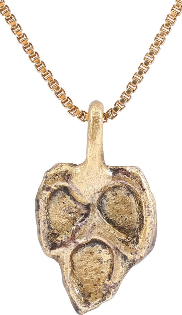 RARE VIKING HEART PENDANT 900-1000 AD: Slightly under 3/4" (0.71") height including the suspension loop. Cusped tope and heart form, made of a trefoil (three leaves). The trefoil was a very popular Viking motif, incorporated in half or