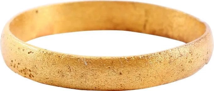 VIKING WEDDING RING, 850-1050 AD, SIZE 14 1/2: Gilt bronze, very large size 14 1/2. Rounded section face. 3.9mm band width. Excellent preservation of the period with slight surface texture from burial. Professionally refurbished with the 24karat g
