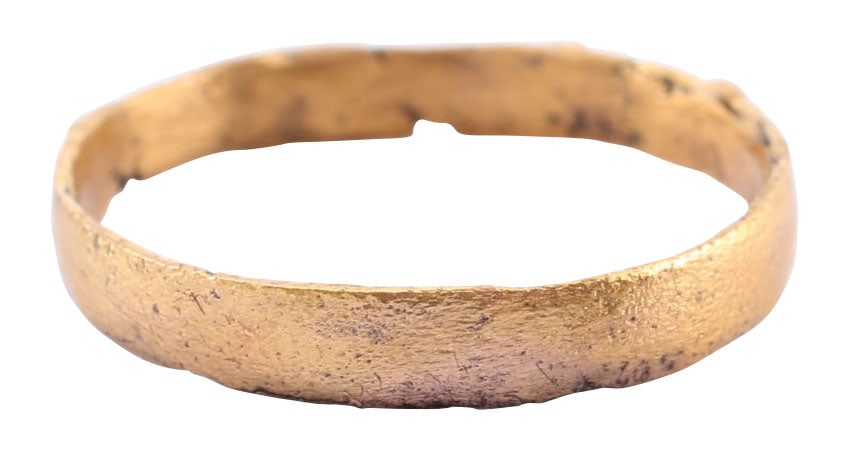 VIKING GILT WEDDING RING 866-1067 AD, SIZE 10 1/4: Danelaw England. 3.3mm width with slightly rounded face. Surface textured from burial. Vikings exchanged rings on the pommel of the groom's sword. Bronze with the 24karat gold surface restored. See th