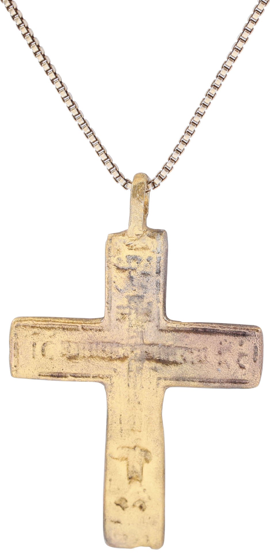 MEDIEVAL EUROPEAN CROSS, 16TH -17TH CENTURY: Gilt bronze, about 1 1/4" (1.20") total height. The cross beam above center. The front with a smaller vacant cross of. The reverse plain. Surface textured from burial obscuring detail. Professionally 