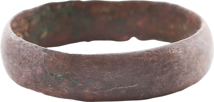 RARE COPPER VIKING WEDDING RING, 900-1050 AD, SIZE 8 3/4: As found condition. Size 8 3/4, 5.0mm width rounded face band. Fine dark red copper patina. Vikings were expert metallurgists. The use of pure copper is rare and suggests a supernatural significance a