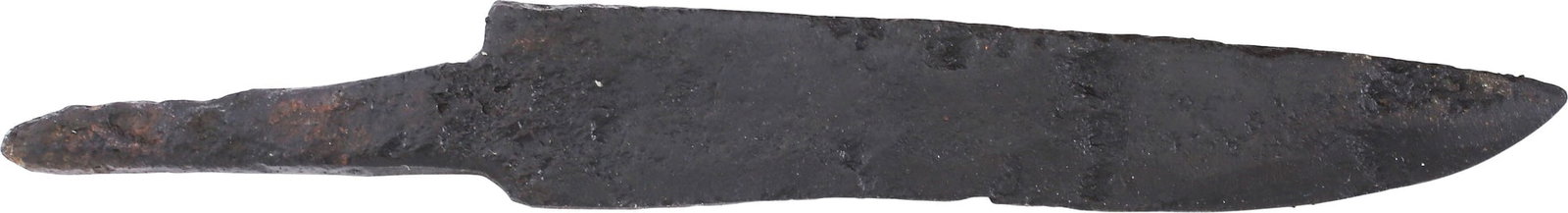 GOOD ROMAN SIDE KNIFE, 2ND-4TH CENTURY AD: Slightly over 4" total length. Small size, made for concealment and the clandestine attack popular in ancient Roman culture. Straight back wedge section single edged blade of the relatively thin