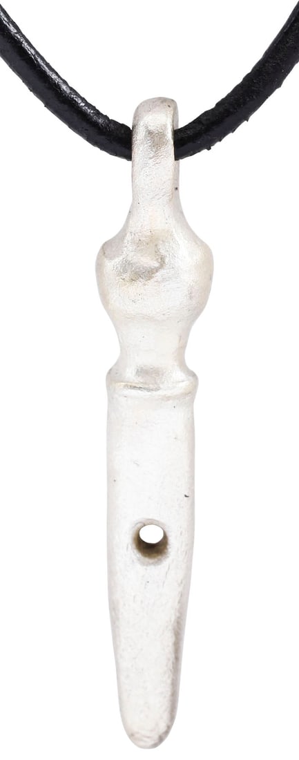 ROMAN GLADIUS PENDANT NECKLACE C.100-300 AD: The period of Christ, and the persecution of Christians. Just over 1 5/8' (1.69") in length including the suspension loop. Finely delineated hilt with a bulbous pommel, waisted grip, and flared cross