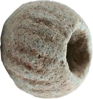VIKING GREEN CERAMIC BEAD: 9th-10th century AD. Hand-shaped, of melon form with ribbed sides just under 1/2" diameter (0.49" , 12.5mm). Mottled surface with some wear. Large stringing hole. Vikings valued beads over gold and
