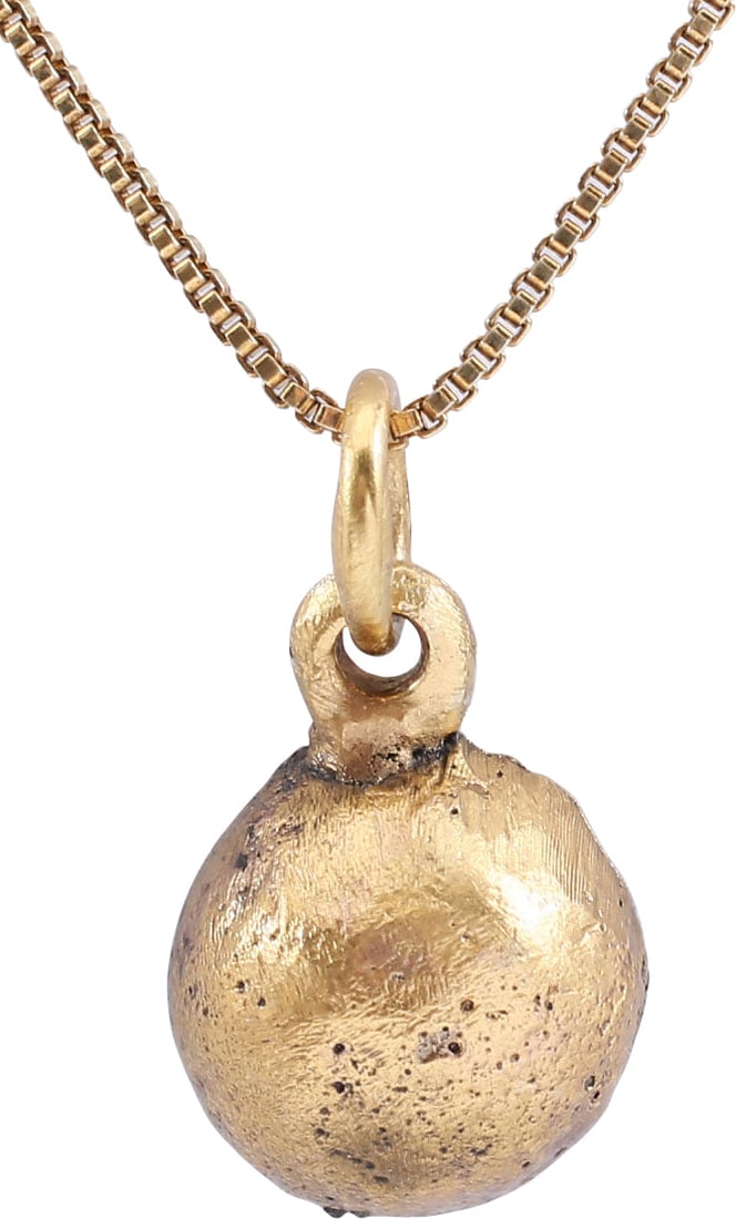 ANCIENT ROMAN WOMEN'S PENDANT NECKLACE C.100-350 AD: Gilt bronze, Under 1/2" diameter. Large domed form. The back hollow. A type about which there is some uncertainty. Romans used various natural forms in art including fruit and seashells. These may rep