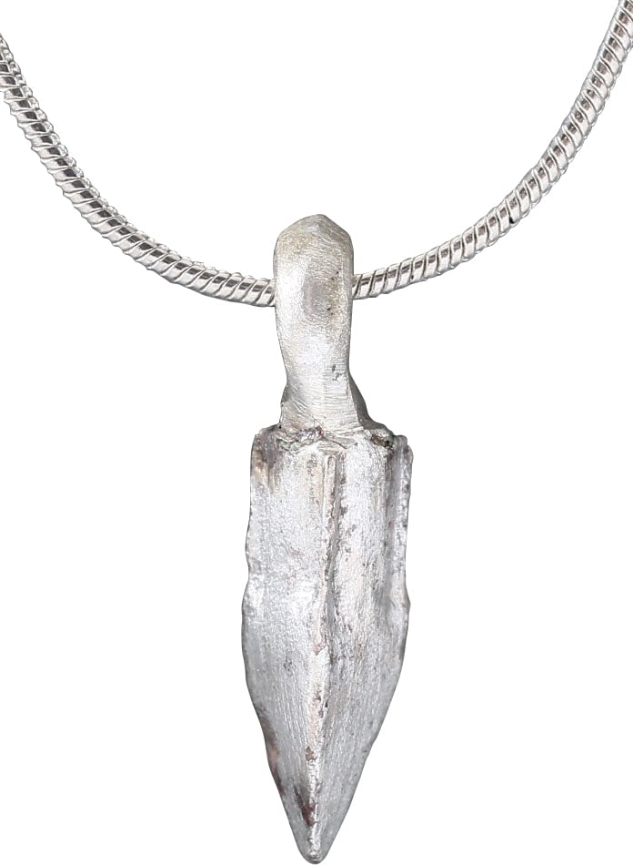 ROMAN ARROWHEAD NECKLACE PENDANT, 1st-3rd C.AD: The period of the secret growth of Christianity. Just over 5/8" in length plus the suspension loop. Usually lost on the battlefield and not often found in such good preservation. Excellent form with
