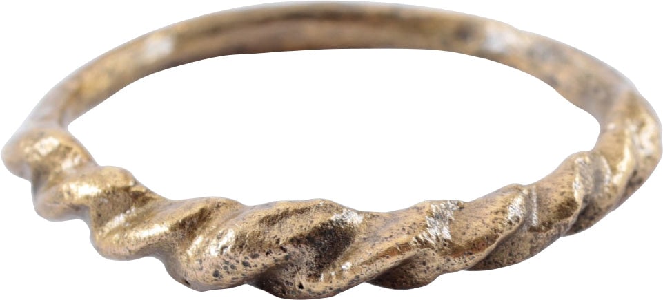 VIKING ROPED OR TWIST WARRIOR'S RING, SIZE 9 1/2: Cambridgeshire, England, 866-1067 AD, Oval form, size 9 1/2. 2.0mm at the bottom swelling to 3.5mm at the top. The top half is a deeply modeled roped motif. The spiral or helix was a favorite Viking f