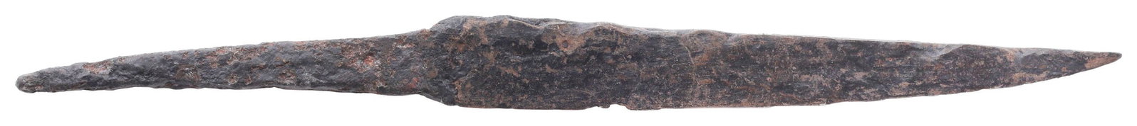 VIKING DAGGER 9th-11th CENTURY: Forged iron, 5 3/8" (5.42") length with wedge section sharply tapering blade designed for slashing and thrusting in hand to hand combat. Originally mounted with a wood or antler grip and no guard, its