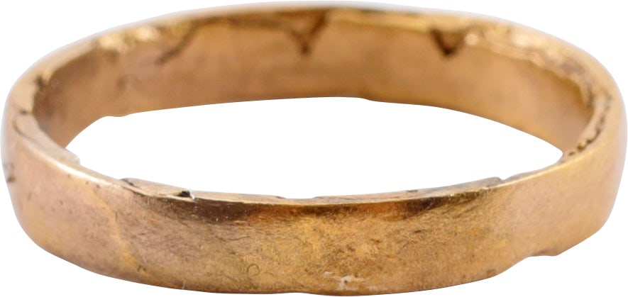 RARE VARIATION VIKING WOMAN'S WEDDING RING, SIZE 5 1/4: 9th-11th century AD, Gilt bronze with low rounded face. 2.9 mm width, size 6 1/4. Cast with a central core to distribute the metal and heat. The core then laboriously removed by hand and the remnants 