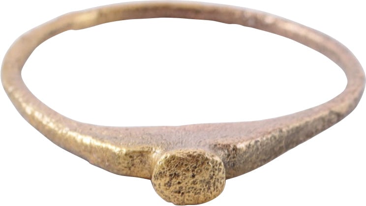 RARE ROMAN PROSTITUTE'S RING, C.100-300 AD, SIZE 2 1/2: Gilt bronze, size 6 3/42. Thin rounded edge band, 1.0mm width Rising pyramidal form bezel with a top nub superficially imitating a gemstone and probably an anatomical reference, and blatantly