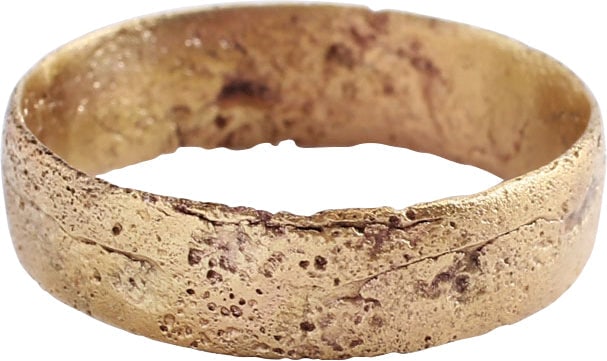 VIKING WEDDING RING, 10TH-11TH CENTURY AD, SIZE 11 1/4: Gilt bronze. Slightly over 11 1/4 for size, 6.0mm width, with low rounded face. Surface noticeably textured from burial. Vikings exchanged rings on the pommel of the groom's sword. Professionally refu
