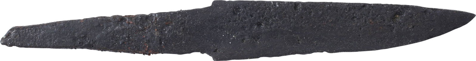 VIKING SIDE OR POUCH KNIFE, 9th-10th CENTURY AD: The small personal knives that Vikings valued above the scramasax and with which they were buried. Proportioned for throat-slashing in a hand-to-hand fight. This example is just under 4" (3.92") in