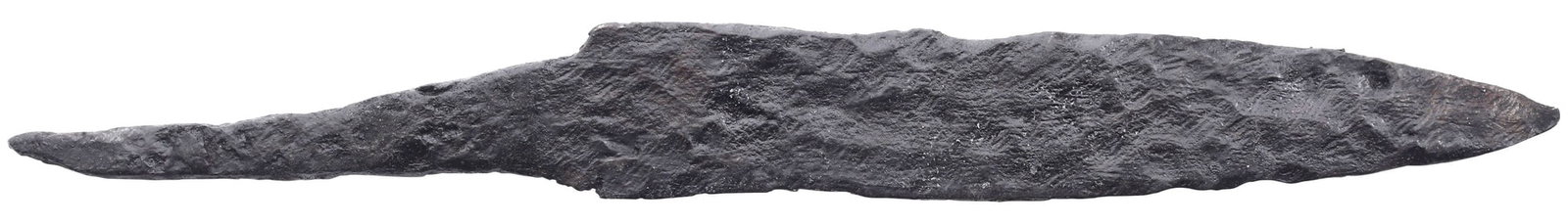 VIKING POUCH KNIFE-NORWAY, 9TH-11TH CENTURY AD: Just over 4" (4.08") total length. Near straight edge for slashing. Whittle tang, to secure it to the wood, bone, or antler grip, now perished. Isolated pockmarks oxidation mixed with some original