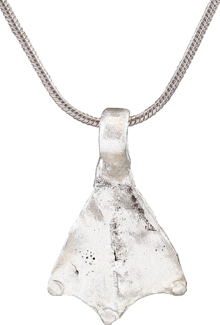 VERY FINE VIKING SORCERER'S AMULET NECKLACE 10-11TH CENTURY AD: Just under 1" height (0.99"). Bronze shaped as a duck's foot and intricately detailed with raised claws and connecting web. A burial at Viden, Denmark contained the body of a woman of wealth and statu
