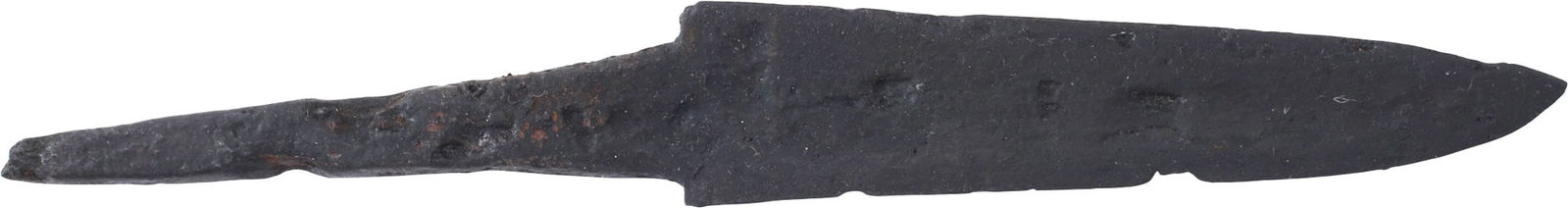 ROMAN SIDE KNIFE 1ST-3RD CENTURY AD: 4 1/2" total length. The wedge section single edged blade with slightly dropped point made for slashing and thrusting. No evidence of sharpening as would be on a utility or work knife. Squared