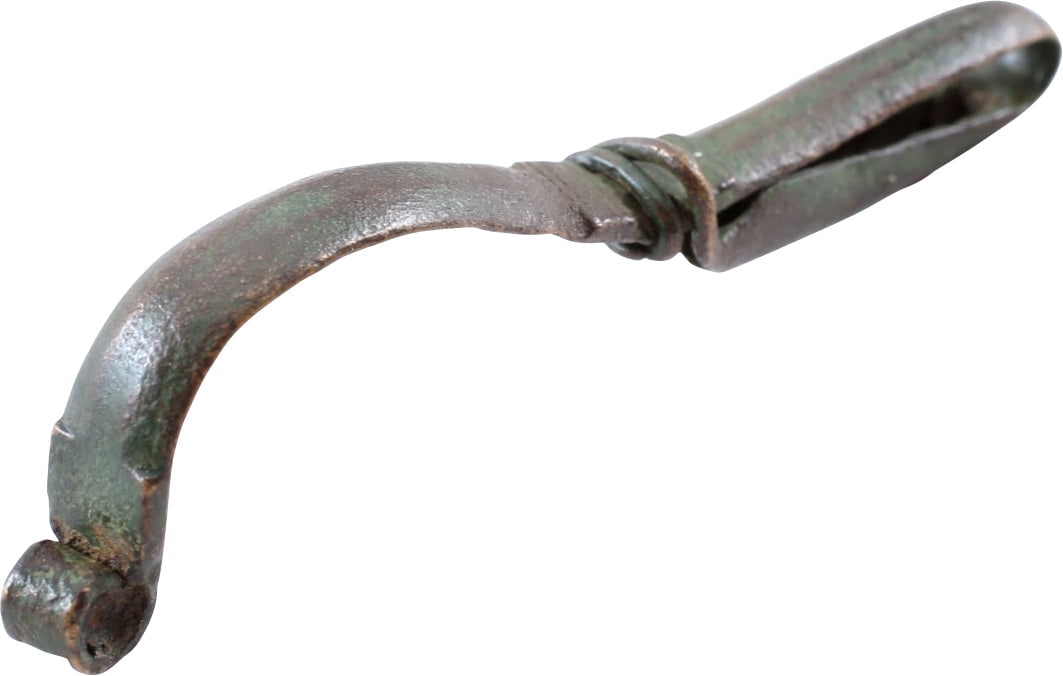 ROMAN FIBULA, LATE 2ND-5TH CENTURY AD,: Second through 4th century AD. The original garment pin was patented two millennia later as the "safety pin". High arched frame with double roped borders flanking a deep central groove. Fastened at