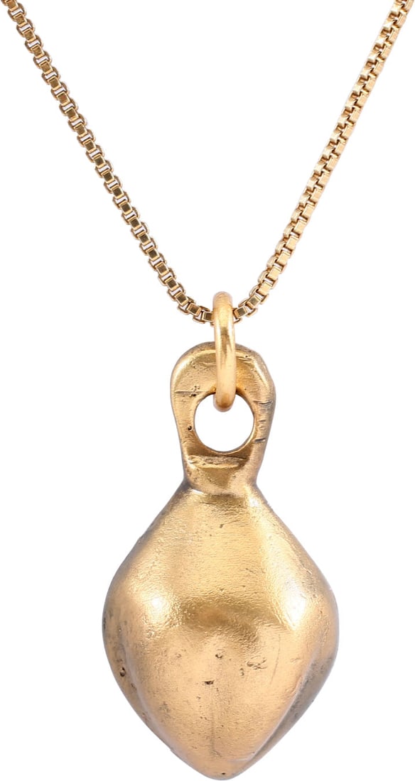 ANCIENT ROMAN SHELL PENDANT NECKLACE C.100-350 AD: Gilt bronze, just under 1" height (0.93") plus the ring. Large domed form, fluted and the back recessed. A form about which there is some uncertainty. Romans were very dependent on the sea and used