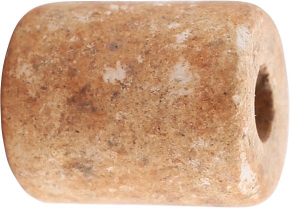 VIKING STONE BEAD 850-1050 AD: Cylindrical, 0.39" (9.9mm) length, 0.30" (7.9mm) diameter. Mottled tan coloration. Vikings loved beads and plundered or traded for them throughout the known world. Beads such as this would have been u