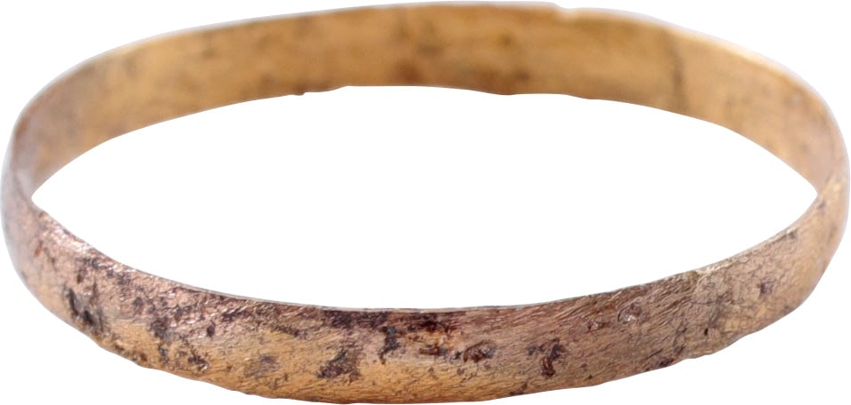 VIKING WOMAN'S WEDDING RING, 9th CENTURY AD, SIZE 8 3/4: 9th century, Cambridgeshire England. Bronze, with a low rounded face and of 2.4mm width. Vikings exchanged rings on the pommel of the groom's sword. Surface textured from burial. Professionally refurb