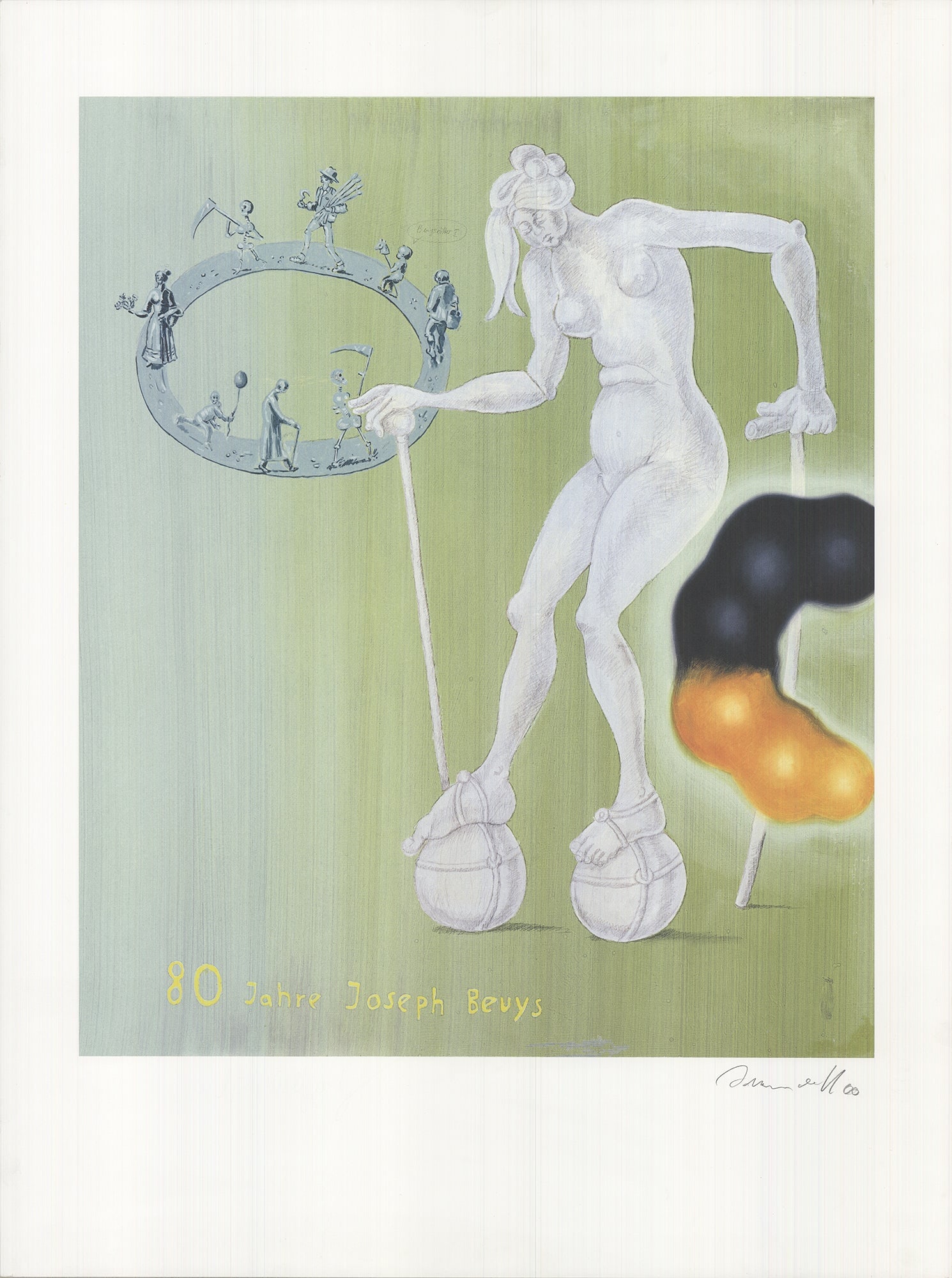Jorg Immendorf - 80 Jahre Joseph Bueys - 2000 Offset Lithograph - SIGNED 31.5" x 23.75": 80 Jahre Joseph Bueys by Jorg Immendorf, 2000 Signed Offset Lithograph. Paper size is 31.5 x 23.75 inches, with an image size of 23.75 x 19.75 inches. The Offset Lithograph is from an unknown edition 