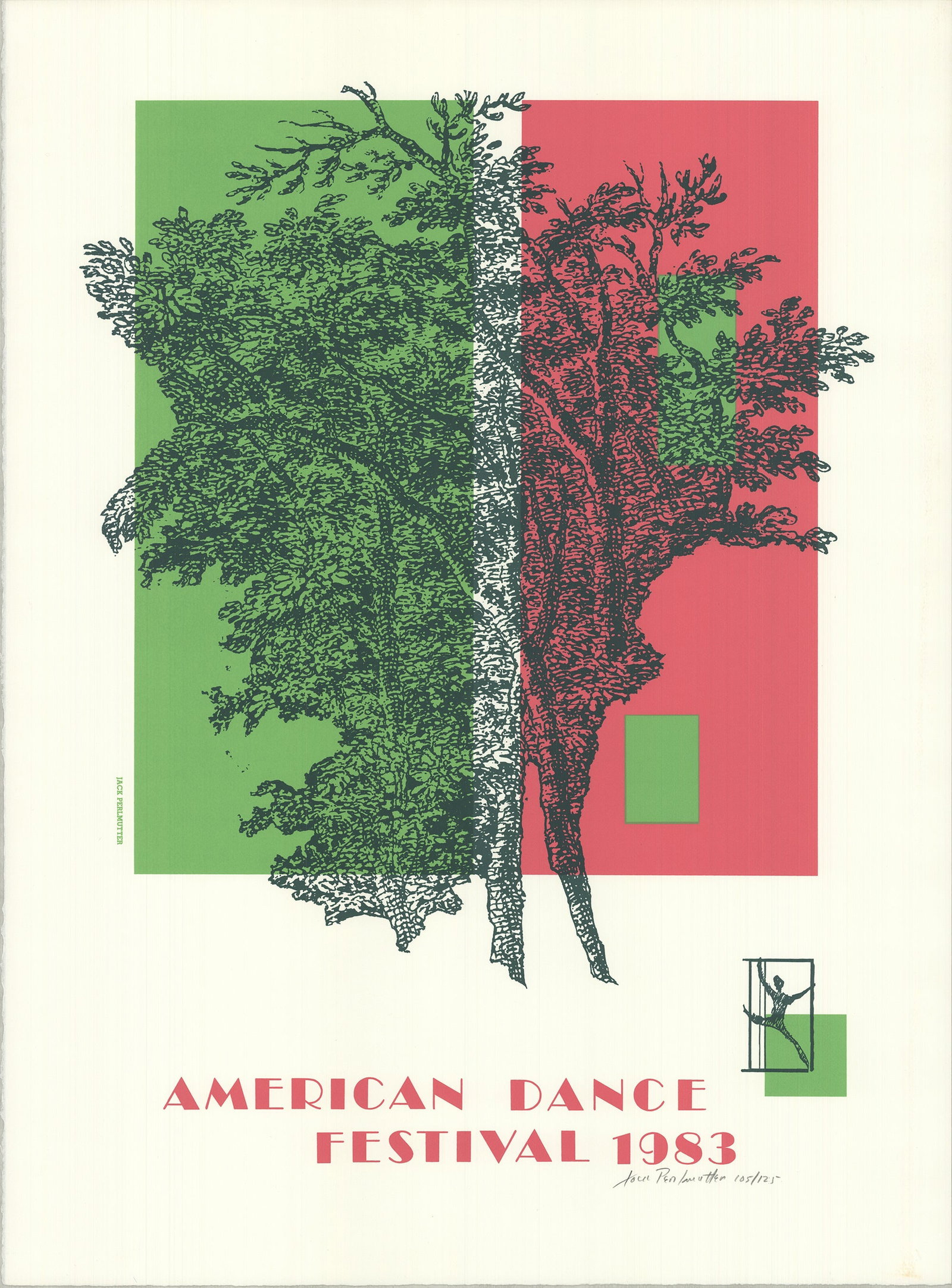 Jack Perlmutter - American Dance Festival 1983 - 1983 Lithograph - SIGNED 30" x 22": American Dance Festival 1983 by Jack Perlmutter, 1983 Signed Lithograph. Paper size is 30 x 22 inches, with an image size of 30 x 22 inches. The Lithograph is from an edition size of 125 and is not fr