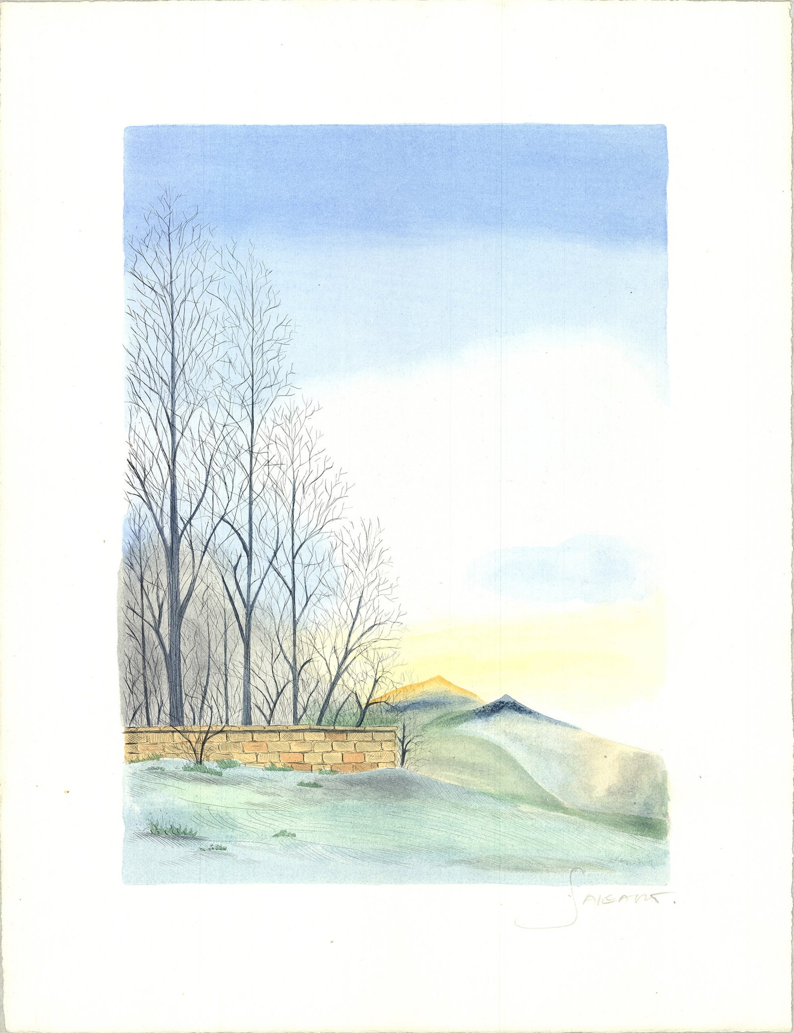 Borris Saillart - Au bout de la cloture - 1975 Etching - SIGNED 26" x 20": Au bout de la cloture by Borris Saillart, 1975 Signed Etching. Paper size is 26 x 20 inches, with an image size of 19.25 x 14 inches. The Etching is from an unknown edition size. and is not framed. Th