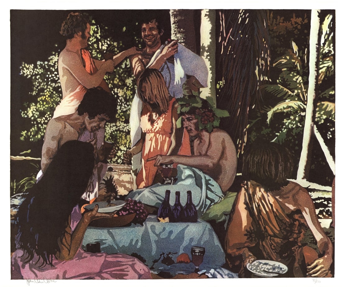 John Clem Clarke - Bacchanal - 1972 Lithograph - SIGNED 22" x 26": Bacchanal by John Clem Clarke, 1972 Signed Lithograph. Paper size is 22 x 26 inches, with an image size of 20.75 x 25 inches. The Lithograph is from an edition size of 200 and is not framed. The condi