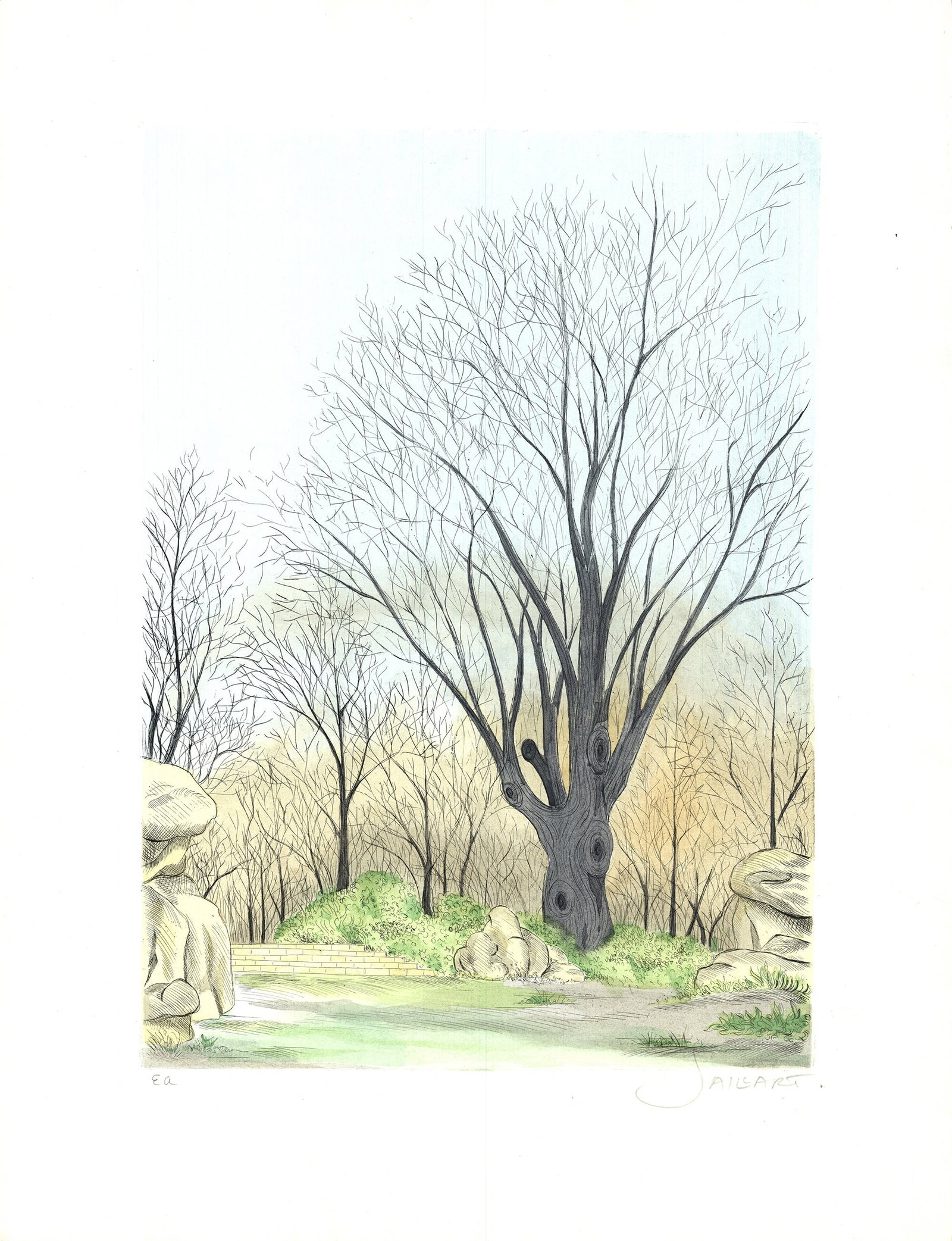 Borris Saillart - Barren Tree late Fall - 1975 Lithograph - SIGNED 25.5" x 19.5": Barren Tree late Fall by Borris Saillart, 1975 Signed Lithograph. Paper size is 25.5 x 19.5 inches, with an image size of 19.25 x 13.75 inches. The Lithograph is from an unknown edition size. and is n