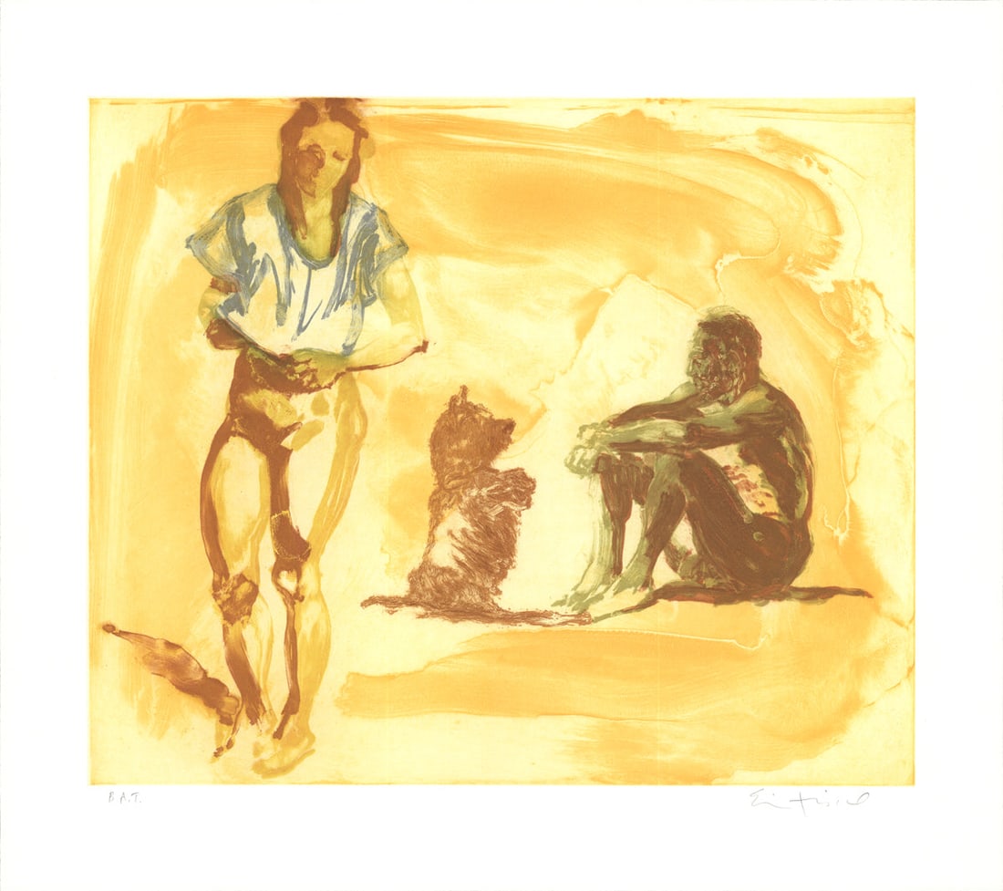 Eric Fischl - Beach Scene with Poodle - 1997 Etching - SIGNED 25.75" x 28.75": Beach Scene with Poodle by Eric Fischl, 1997 Signed Etching. Paper size is 25.75 x 28.75 inches, with an image size of 19.75 x 23.75 inches. The Etching is from an unknown edition size. and is not