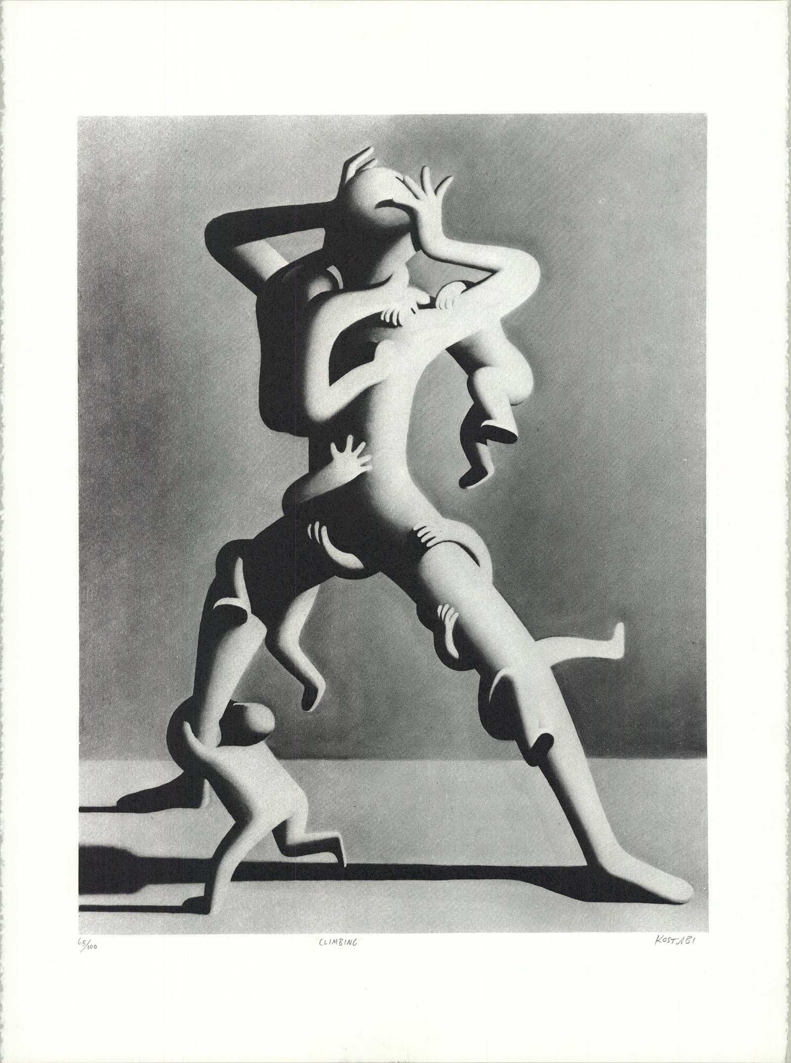 Mark Kostabi - Climbing - 1988 Lithograph - SIGNED 30" x 22": Climbing by Mark Kostabi, 1988 Signed Lithograph. Paper size is 30 x 22 inches, with an image size of 23 x 17.75 inches. The Lithograph is from an edition size of 100 and is not framed. The condition 