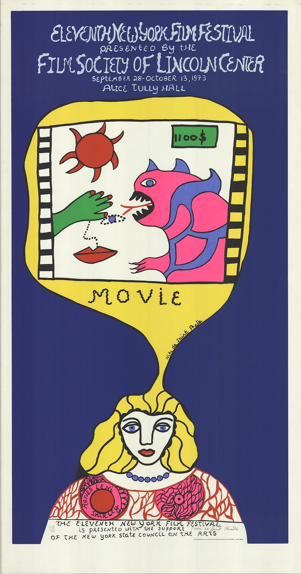 Niki de Saint Phalle - Eleventh New York Film Festival - 1973 Serigraph - SIGNED 70.25" x 37.25": Eleventh New York Film Festival by Niki de Saint Phalle, 1973 Signed Serigraph. Paper size is 70.25 x 37.25 inches, with an image size of 64.25 x 33.5 inches. The Serigraph is from an edition size of 