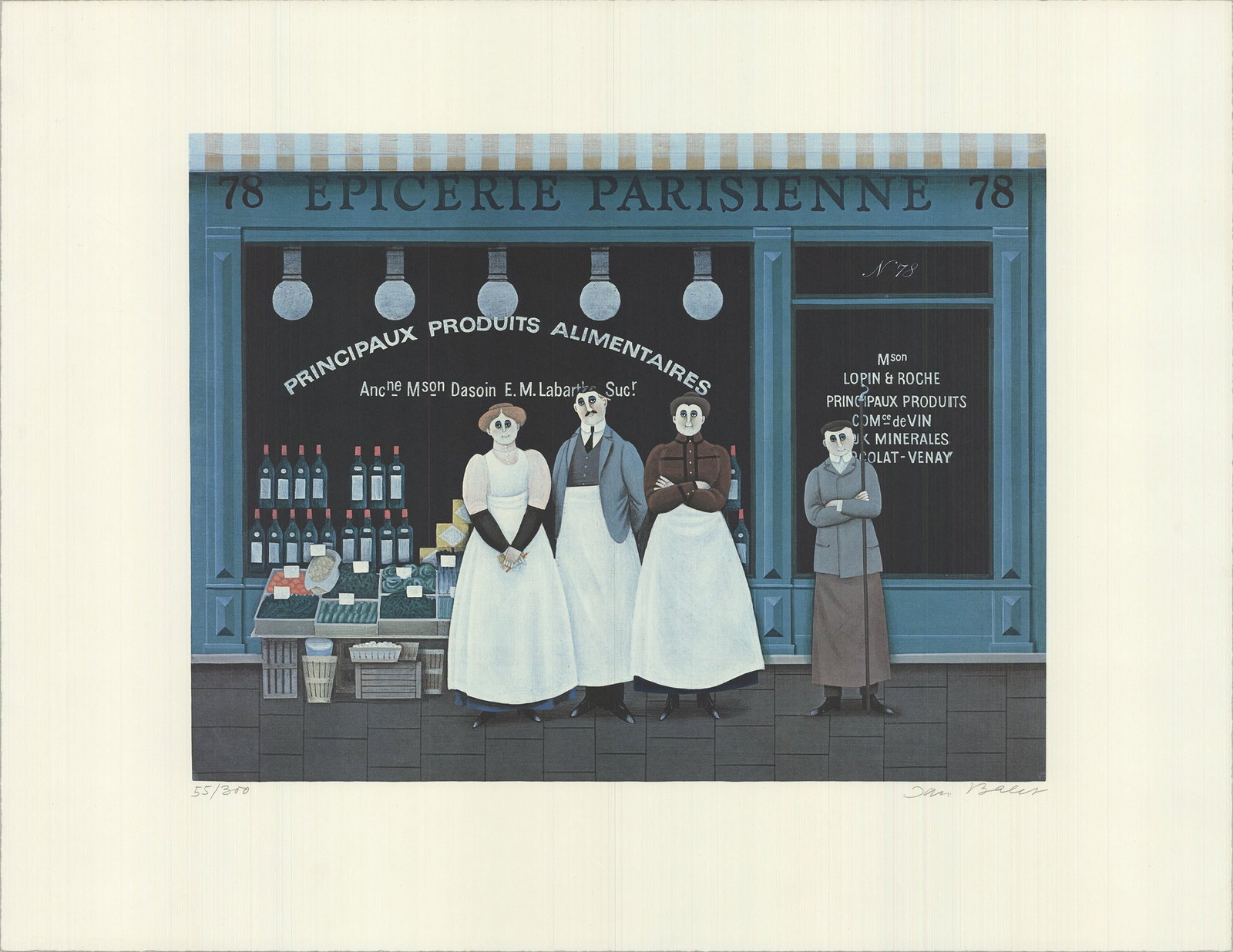 Jan Balet - Epicerie Parisienne - 1985 Lithograph - SIGNED 19.75" x 25.5": Epicerie Parisienne by Jan Balet, 1985 Signed Lithograph. Paper size is 19.75 x 25.5 inches, with an image size of 13.5 x 17.75 inches. The Lithograph is from an edition size of 300 and is not framed.