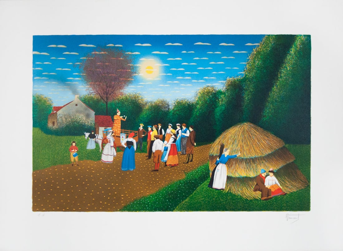 Louis Vincent - Evening Rejoice - 1978 Lithograph - SIGNED 22" x 30": Evening Rejoice by Louis Vincent, 1978 Signed Lithograph. Paper size is 22 x 30 inches, with an image size of 15.25 x 24 inches. The Lithograph is from an edition size of 250 and is not framed. The co