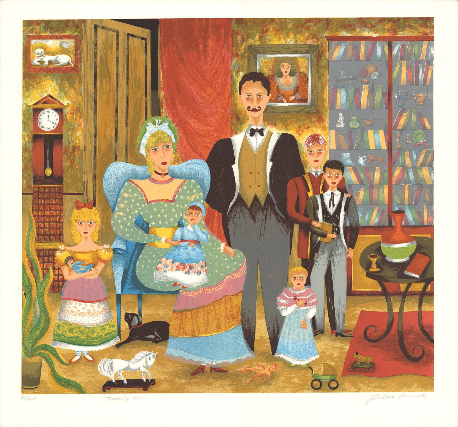 Lee Dubin - Family Portrait - 1985 Lithograph - SIGNED 22.5" x 24.25": Family Portrait by Lee Dubin, 1985 Signed Lithograph. Paper size is 22.5 x 24.25 inches, with an image size of 19.75 x 21.75 inches. The Lithograph is from an edition size of 200 and is not framed. Th