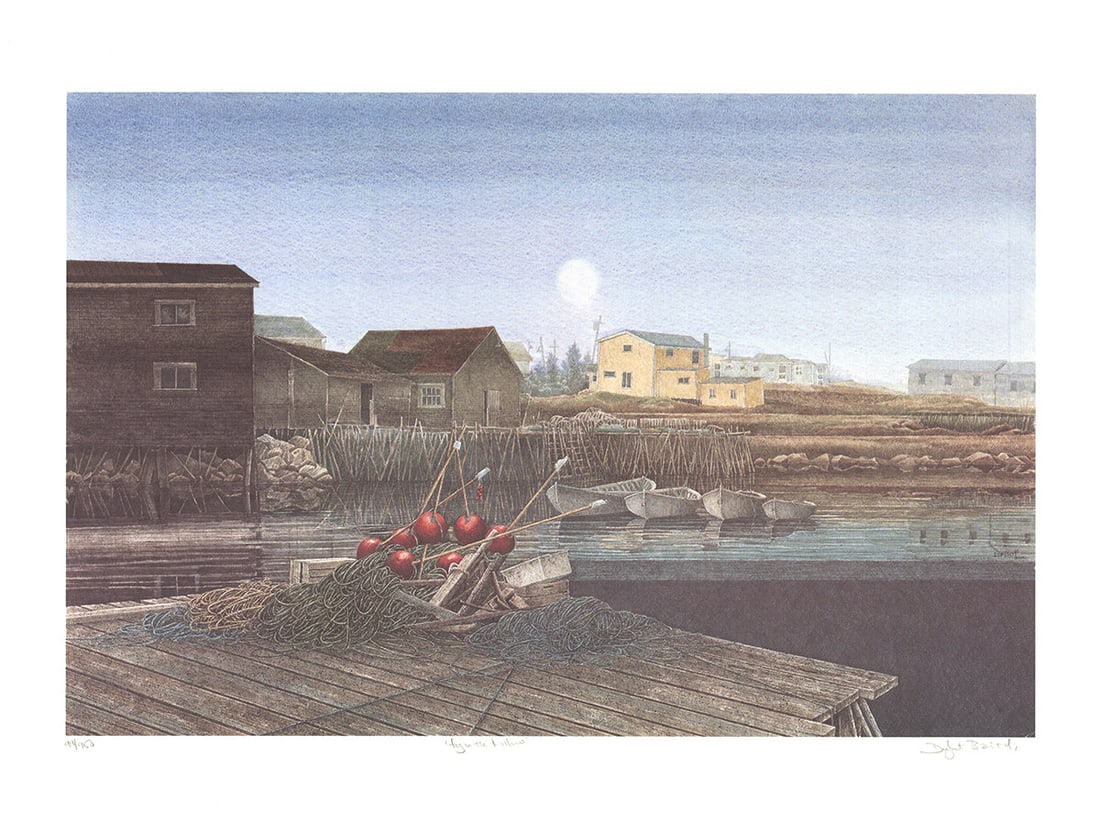 Dwight Baird - Fog in the Hollow, Peggy's Cove - 1988 Offset Lithograph - SIGNED 18.5" x 25": Fog in the Hollow, Peggy's Cove by Dwight Baird, 1988 Signed Offset Lithograph. Paper size is 18.5 x 25 inches, with an image size of 14.5 x 22 inches. The Offset Lithograph is from an edition size of