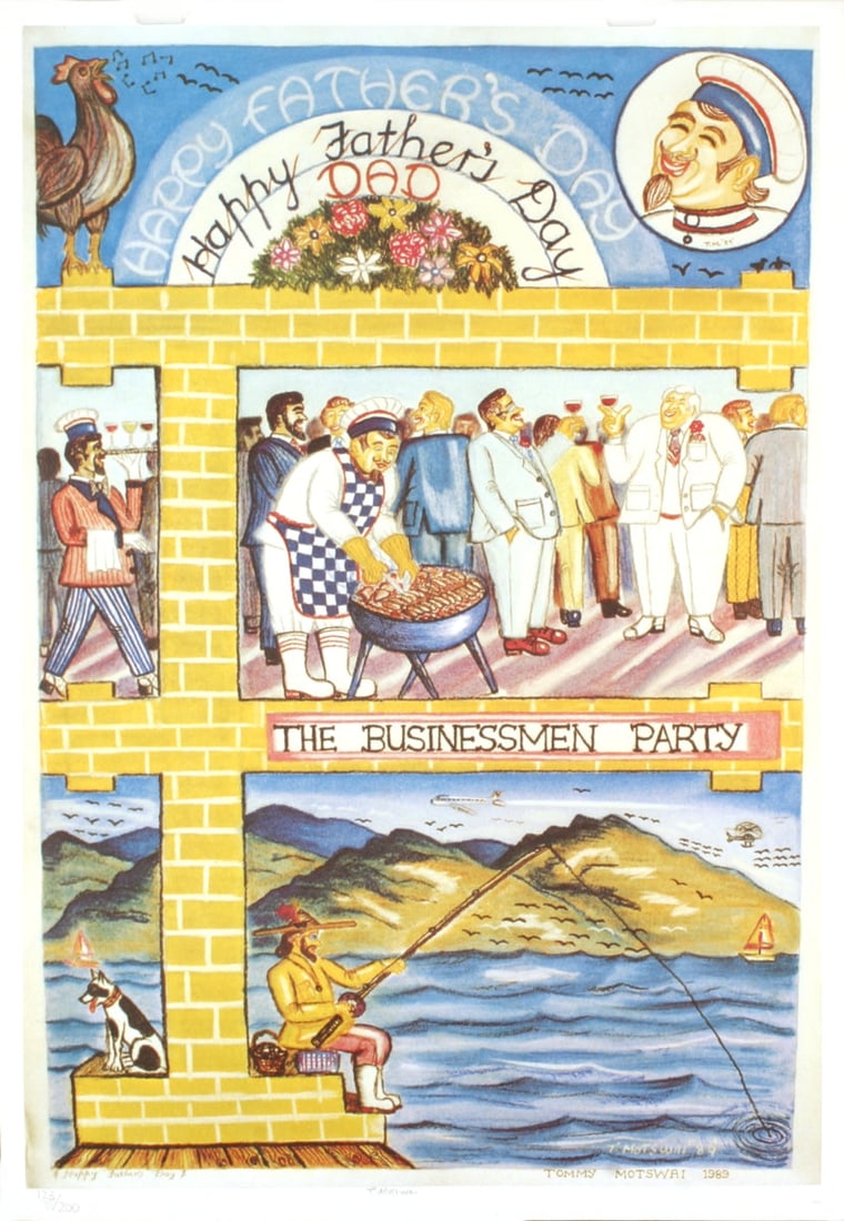 Tommy Motswai - Happy Fathers Day - 1975 Offset Lithograph - SIGNED 29" x 20": Happy Fathers Day by Tommy Motswai, 1975 Signed Offset Lithograph. Paper size is 29 x 20 inches, with an image size of 27.5 x 19 inches. The Offset Lithograph is from an edition size of 200 and is not