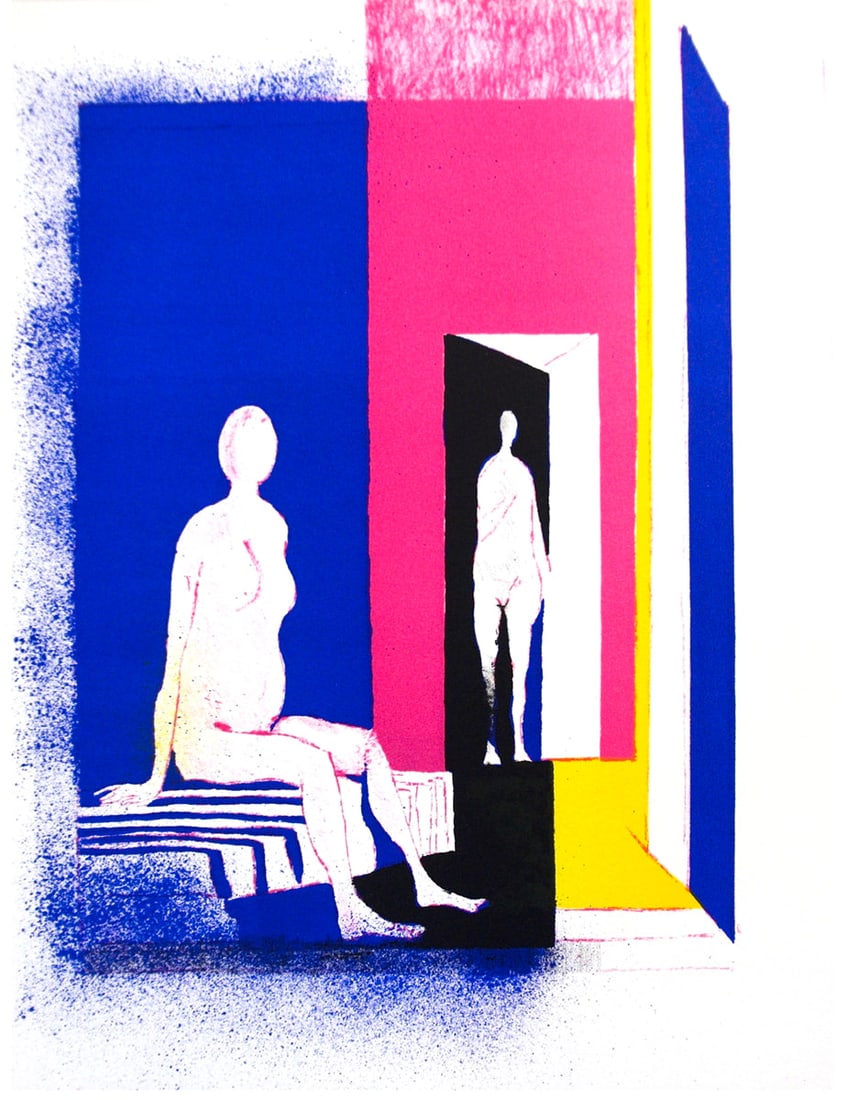 Paul Guiramand - Interior with two figures - 1972 Lithograph 12.75" x 9.75": Interior with two figures by Paul Guiramand, 1972 Unsigned Lithograph. Paper size is 12.75 x 9.75 inches, with an image size of 12.75 x 9.75 inches. The Lithograph is from an edition size of 800 and
