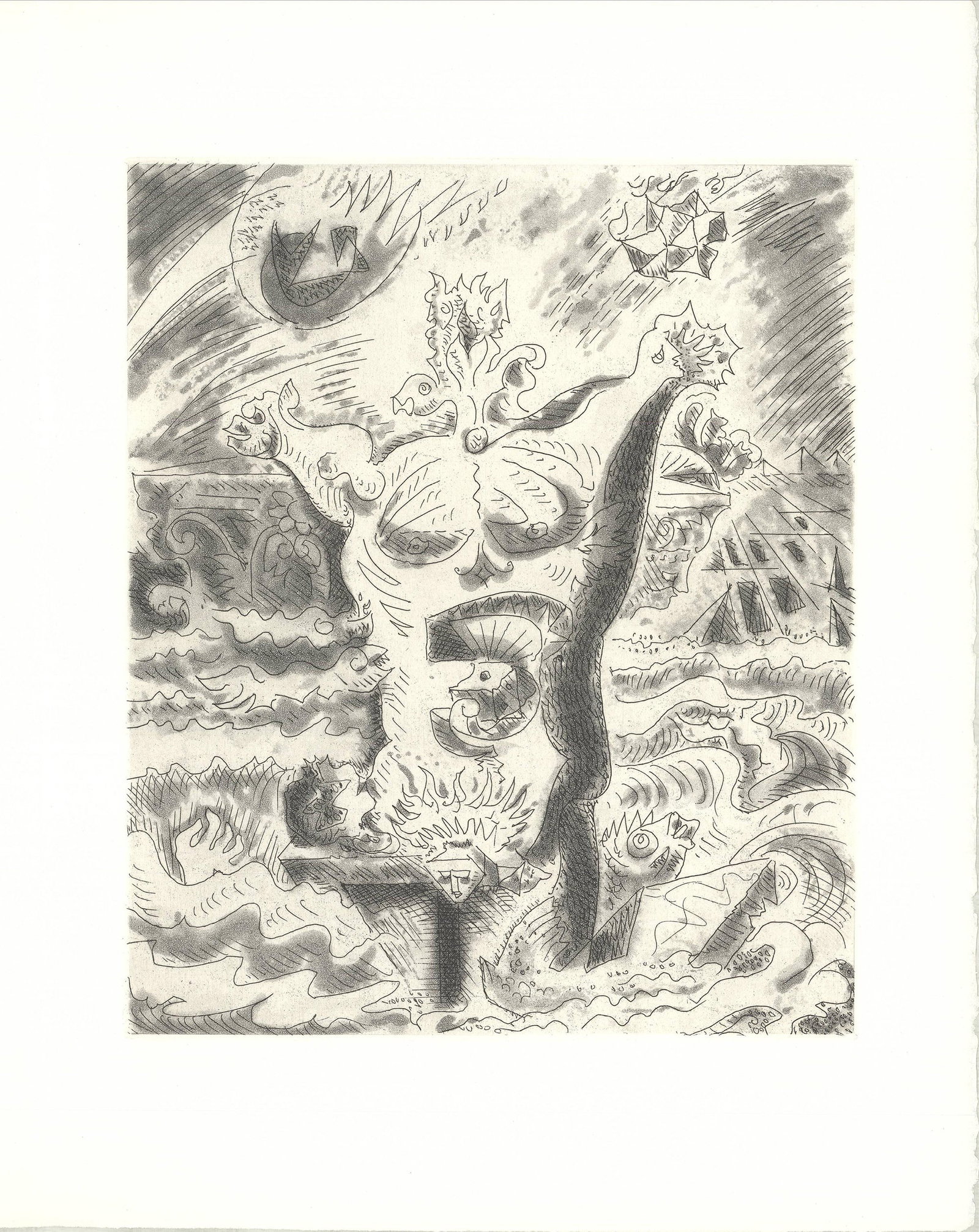 Andre Masson - Le Septieme Chant II - 1974 Etching 14.75" x 11": Le Septieme Chant II by Andre Masson, 1974 Unsigned Etching. Paper size is 14.75 x 11 inches, with an image size of 10.5 x 8.75 inches. The Etching is from an edition size of 175 and is not framed.