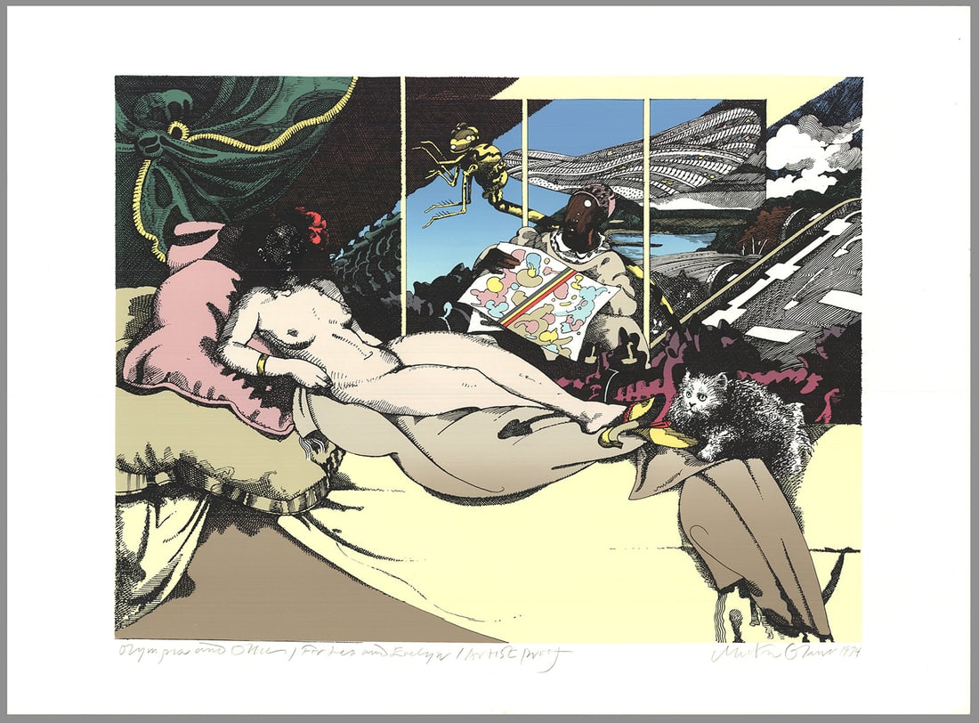 Milton Glaser - Olympia and Ollie (After Manet) - 1974 Lithograph - SIGNED 22" x 29.75": Olympia and Ollie (After Manet) by Milton Glaser, 1974 Signed Lithograph. Paper size is 22 x 29.75 inches, with an image size of 17.5 x 23 inches. The Lithograph is from an unknown edition size. and