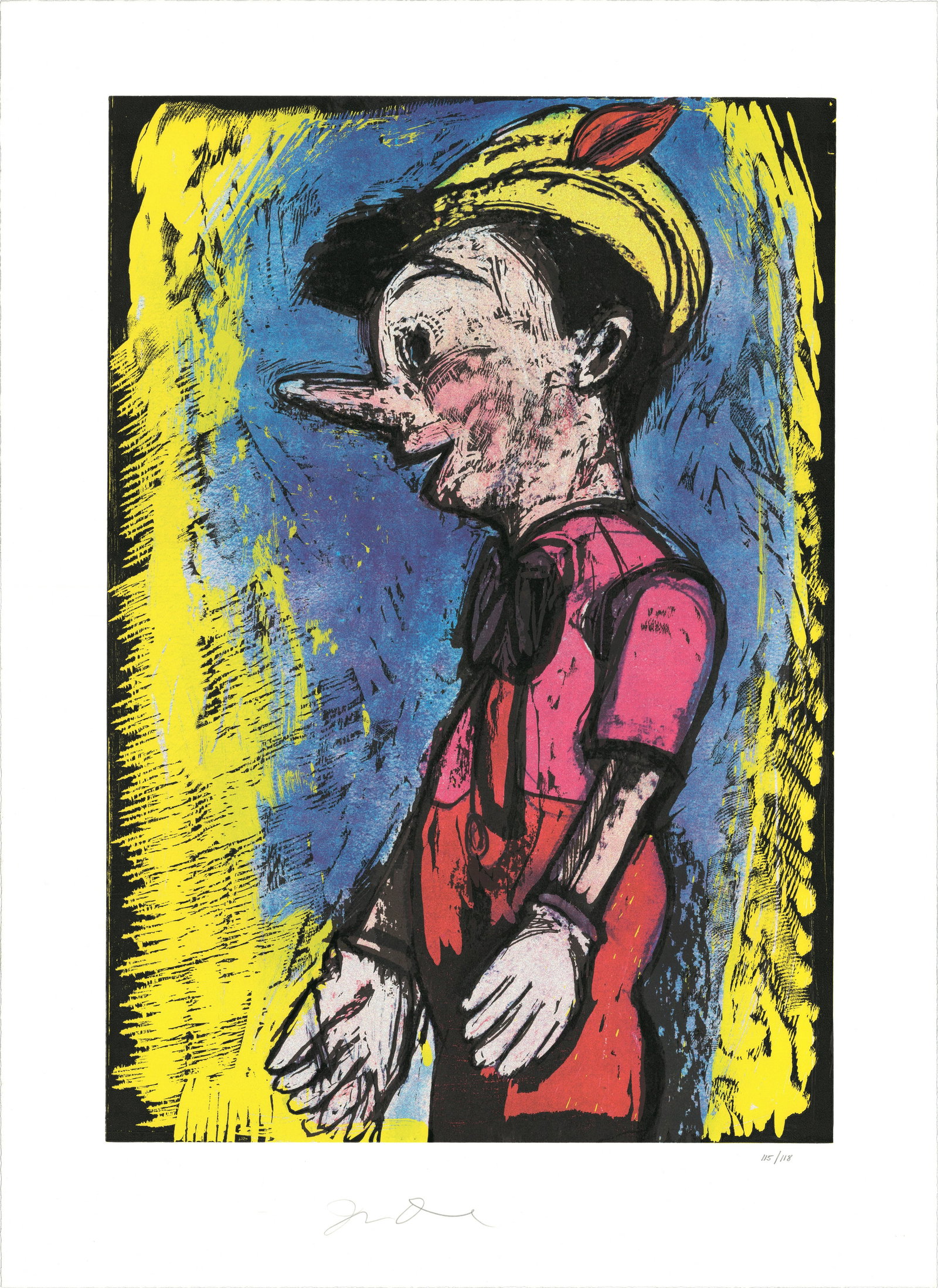Jim Dine - Pinocchio - 2008 Mixed Media - SIGNED 37" x 27": Pinocchio by Jim Dine, 2008 Signed Mixed Media. Paper size is 37 x 27 inches, with an image size of 30 x 21 inches. The Mixed Media is from an edition size of 118 and is not framed. The condition was 