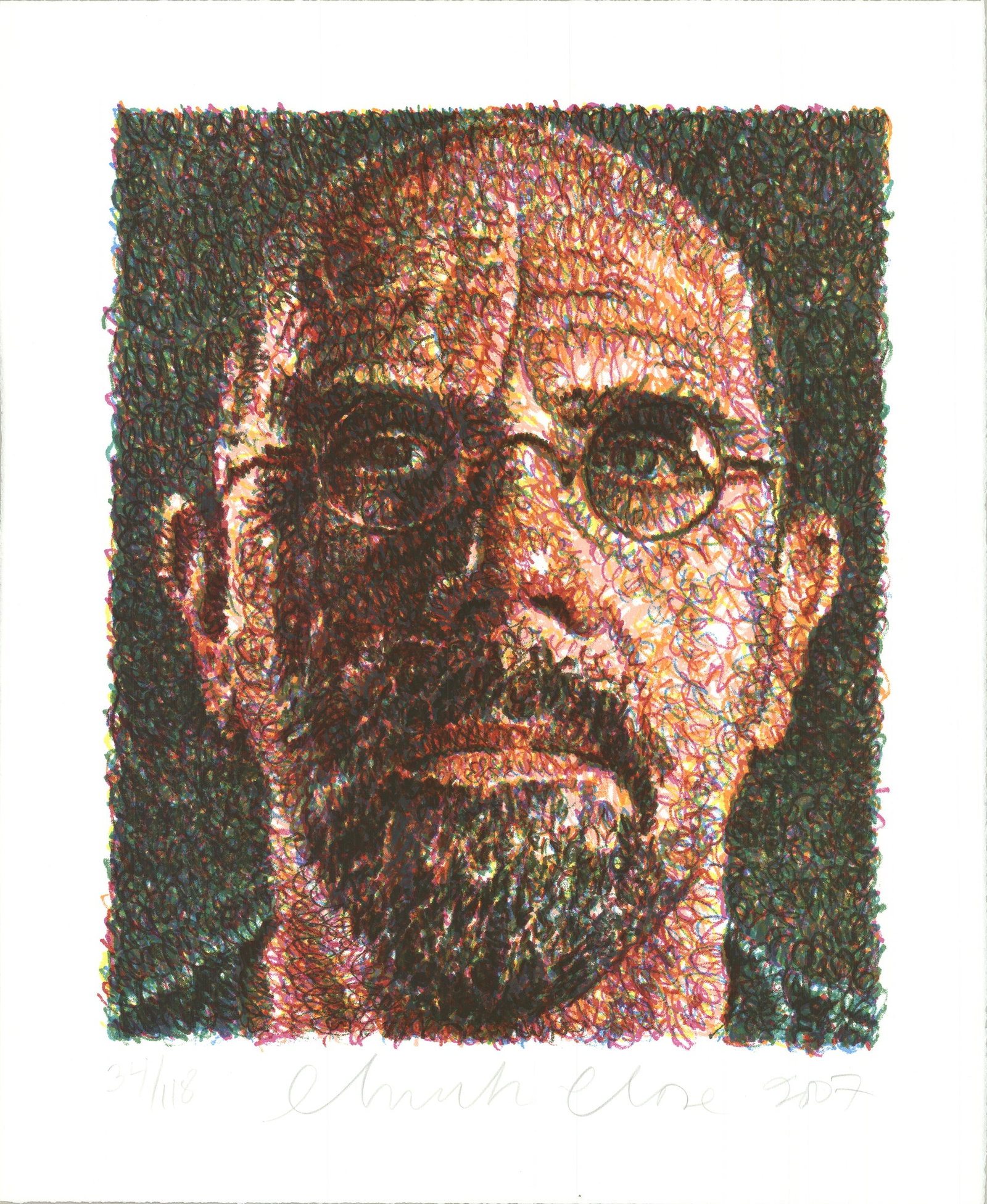 Chuck Close - Self Portrait - 2007 Serigraph - SIGNED 38" x 30": Self Portrait by Chuck Close, 2007 Signed Serigraph. Paper size is 38 x 30 inches, with an image size of 29.75 x 23.5 inches. The Serigraph is from an edition size of 118 and is not framed. The condit