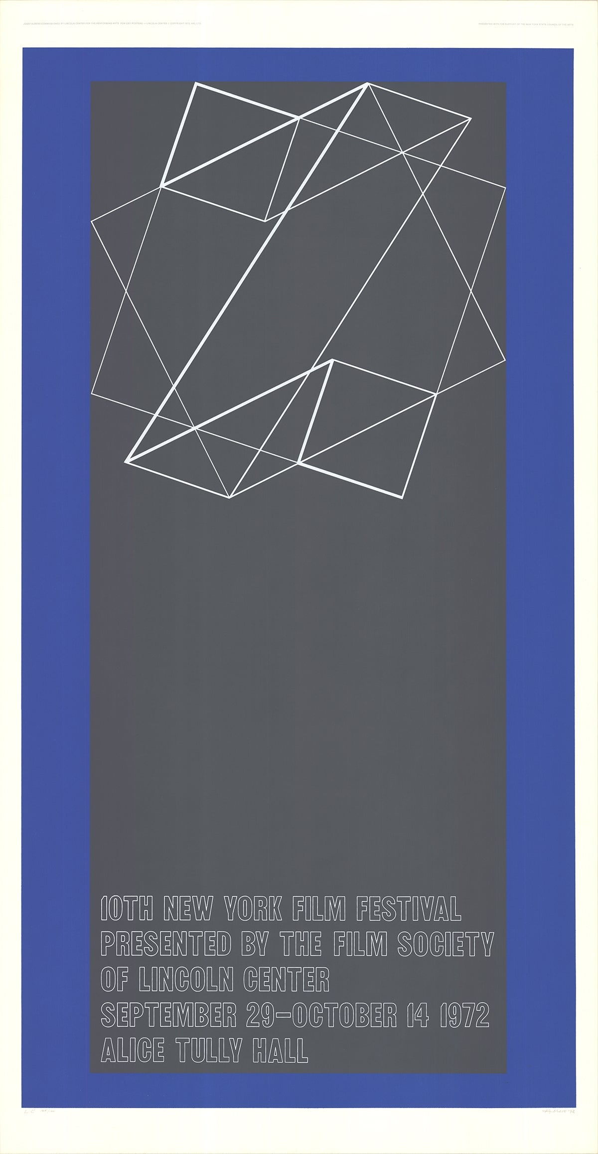 Josef Albers - The 10th New York Film Festival - 1972 Serigraph - SIGNED 50" x 26": The 10th New York Film Festival by Josef Albers, 1972 Signed Serigraph. Paper size is 50 x 26 inches, with an image size of 50 x 26 inches. The Serigraph is from an edition size of 144 and is not fram