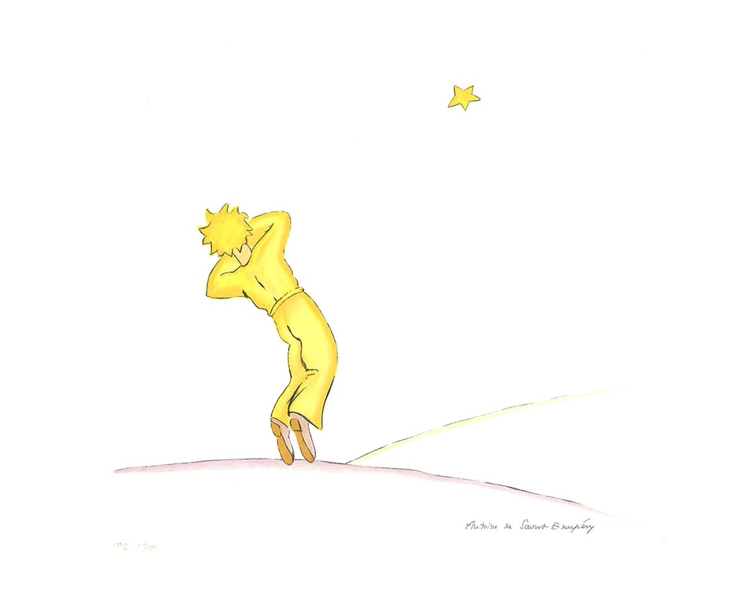 Antoine de Saint Exupery - The Little Prince Yawning - 2008 Lithograph 15.75" x 19.75": The Little Prince Yawning by Antoine de Saint Exupery, 2008 Unsigned Lithograph. Paper size is 15.75 x 19.75 inches, with an image size of 15.75 x 19.75 inches. The Lithograph is from an edition size 