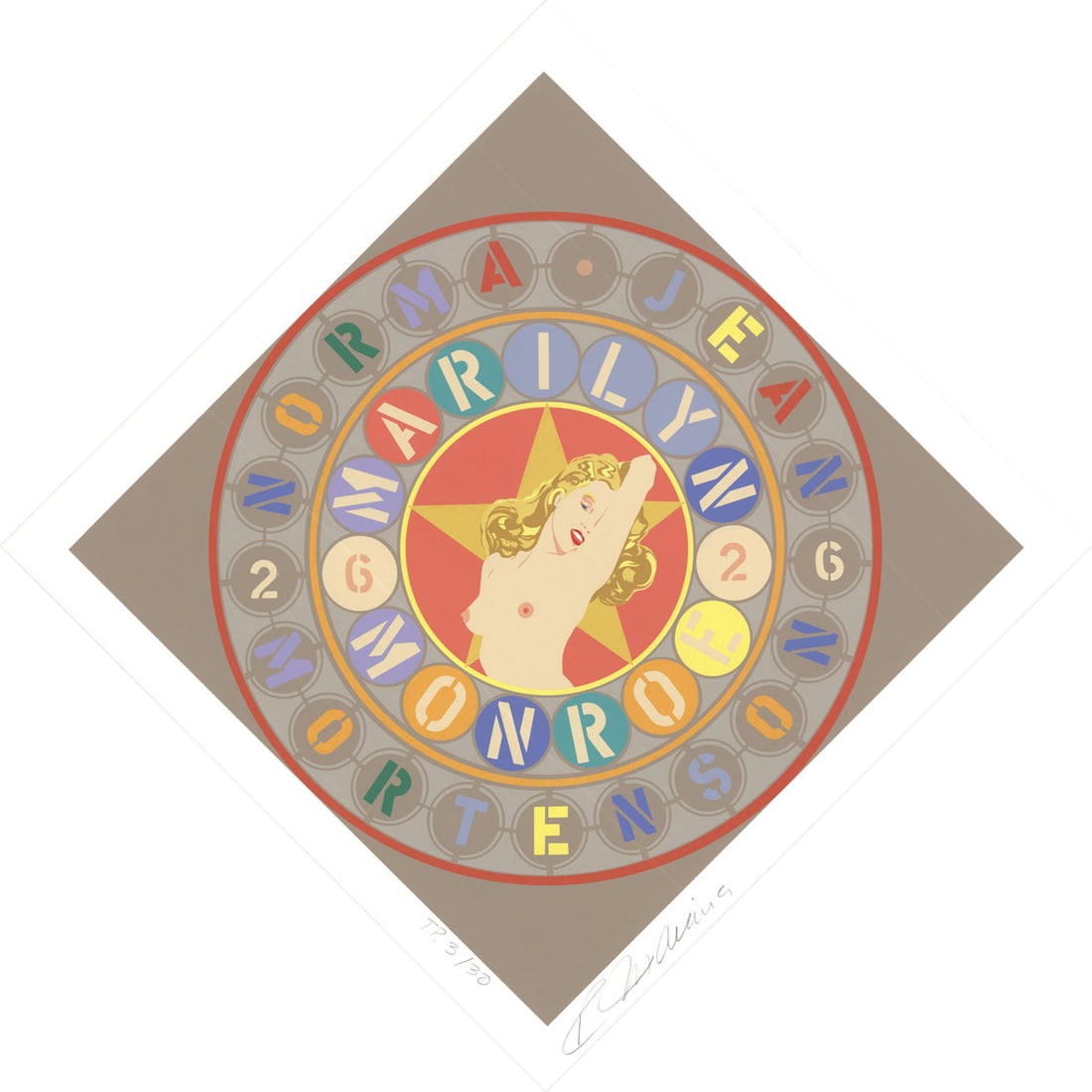 Robert Indiana - The Metamorphosis of Norma Jean Mortenson - 1997 Serigraph - SIGNED 16" x 16": The Metamorphosis of Norma Jean Mortenson by Robert Indiana, 1997 Signed Serigraph. Paper size is 16 x 16 inches, with an image size of 14 x 14 inches. The Serigraph is from an edition size of 30 and