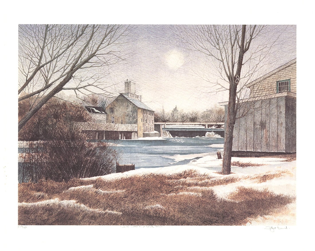 Dwight Baird - The Mill in Winter - 1988 Offset Lithograph - SIGNED 20" x 25": The Mill in Winter by Dwight Baird, 1988 Signed Offset Lithograph. Paper size is 20 x 25 inches, with an image size of 16 x 22 inches. The Offset Lithograph is from an edition size of 950 and is not