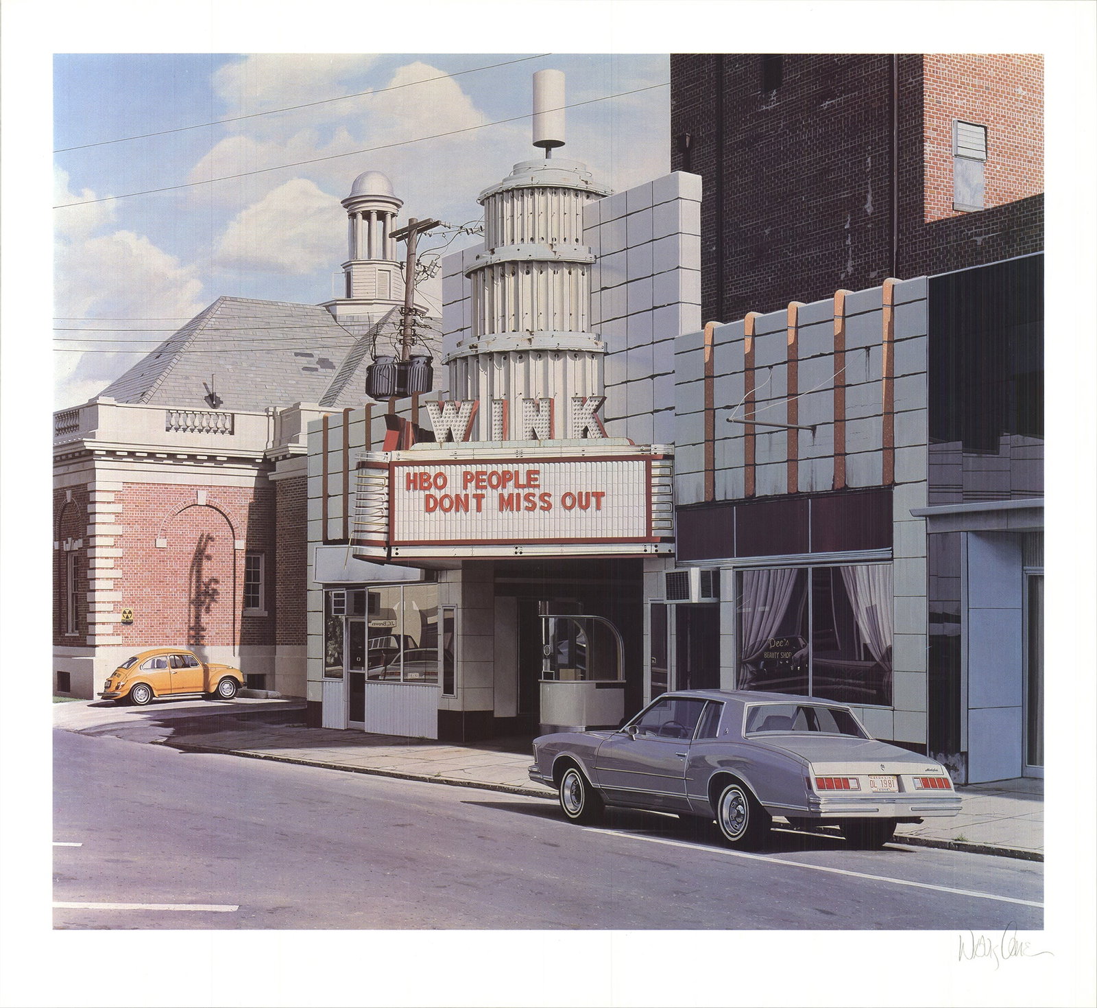 Davis Cone - The Wink Theater/Playhouse - 1975 Offset Lithograph - SIGNED 19" x 20.75": The Wink Theater/Playhouse by Davis Cone, 1975 Signed Offset Lithograph. Paper size is 19 x 20.75 inches, with an image size of 16.5 x 18.75 inches. The Offset Lithograph is from an edition size of