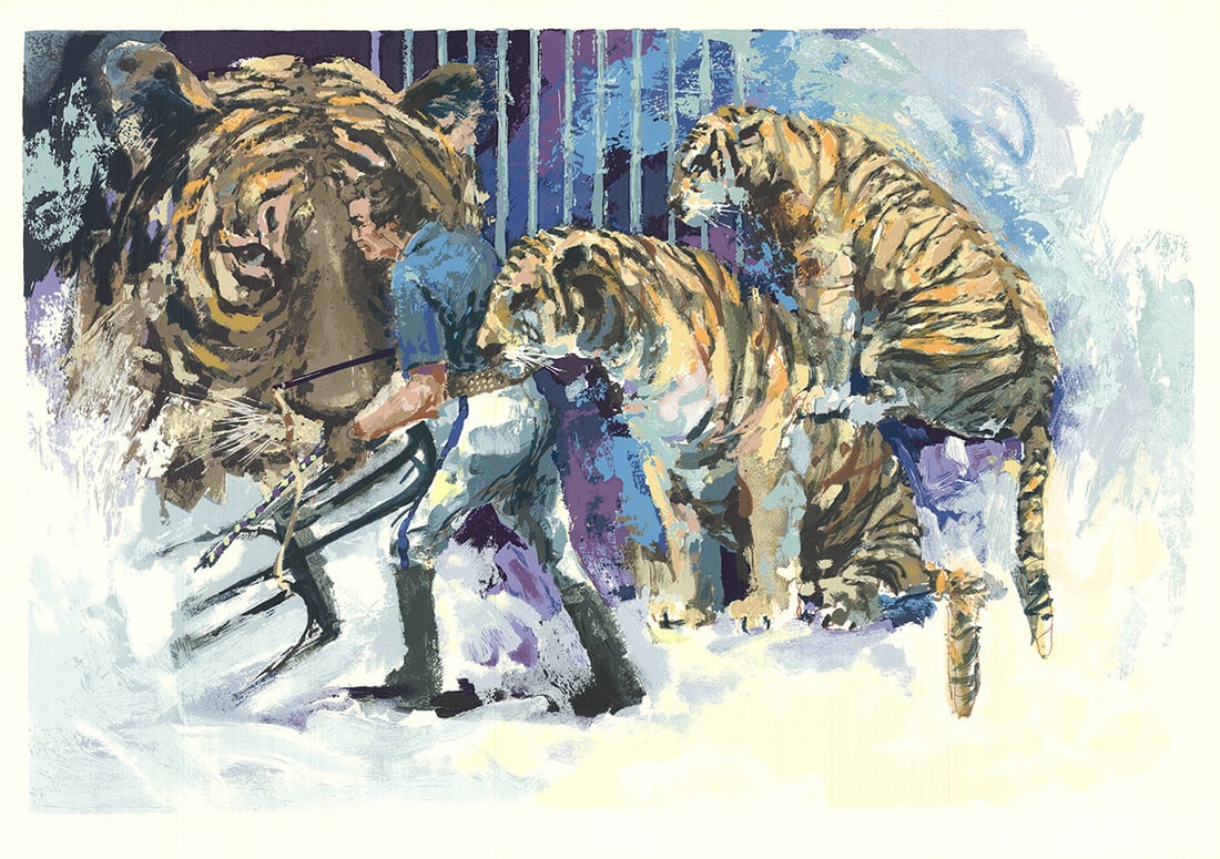 Wayland Moore - Three Tigers in the Circus - 1985 Serigraph 26.5" x 37.75": Three Tigers in the Circus by Wayland Moore, 1985 Unsigned Serigraph. Paper size is 26.5 x 37.75 inches, with an image size of 24 x 36 inches. The Serigraph is from an unknown edition size. and is