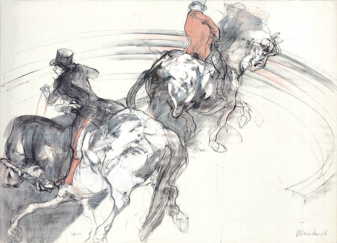 Claude Weisbuch - Two Horsemen - 1985 Lithograph - SIGNED 21.5" x 30": Two Horsemen by Claude Weisbuch, 1985 Signed Lithograph. Paper size is 21.5 x 30 inches, with an image size of 21.5 x 30 inches. The Lithograph is from an edition size of 125 and is not framed. The co