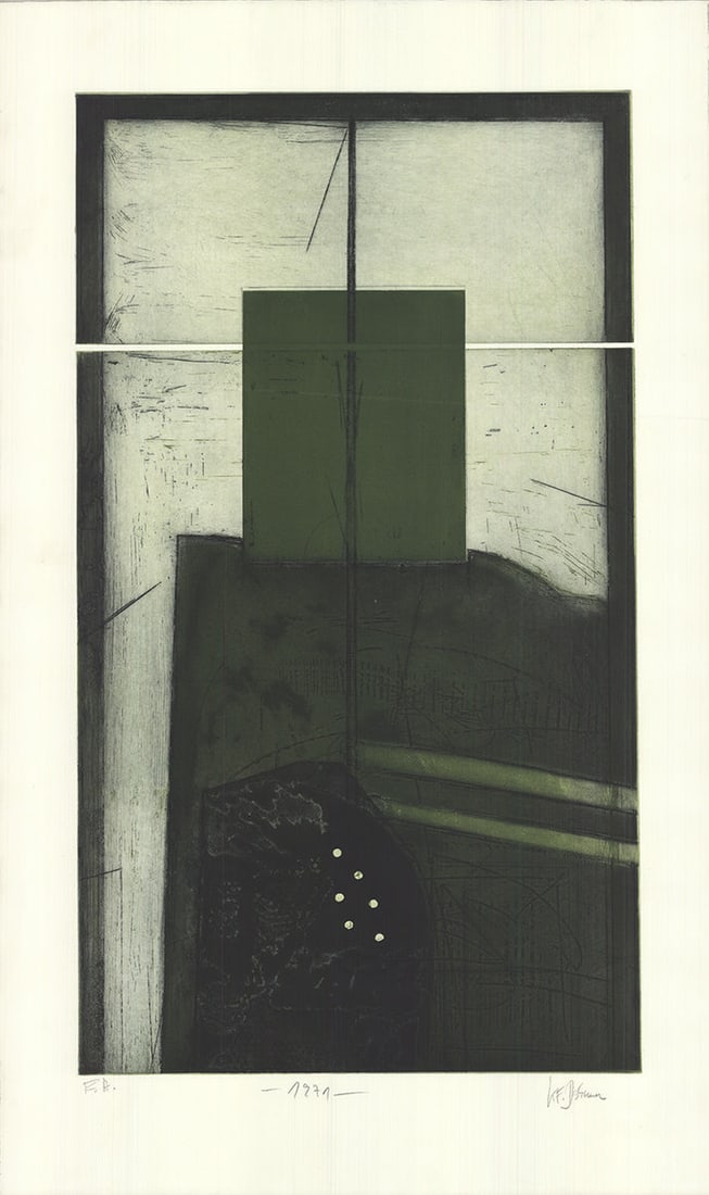 Karl Fred Dahmen - Untitled - 1971 Etching - SIGNED 41.75" x 25": Untitled by Karl Fred Dahmen, 1971 Signed Etching. Paper size is 41.75 x 25 inches, with an image size of 34.25 x 19.5 inches. The Etching is from an unknown edition size. and is not framed. The condi